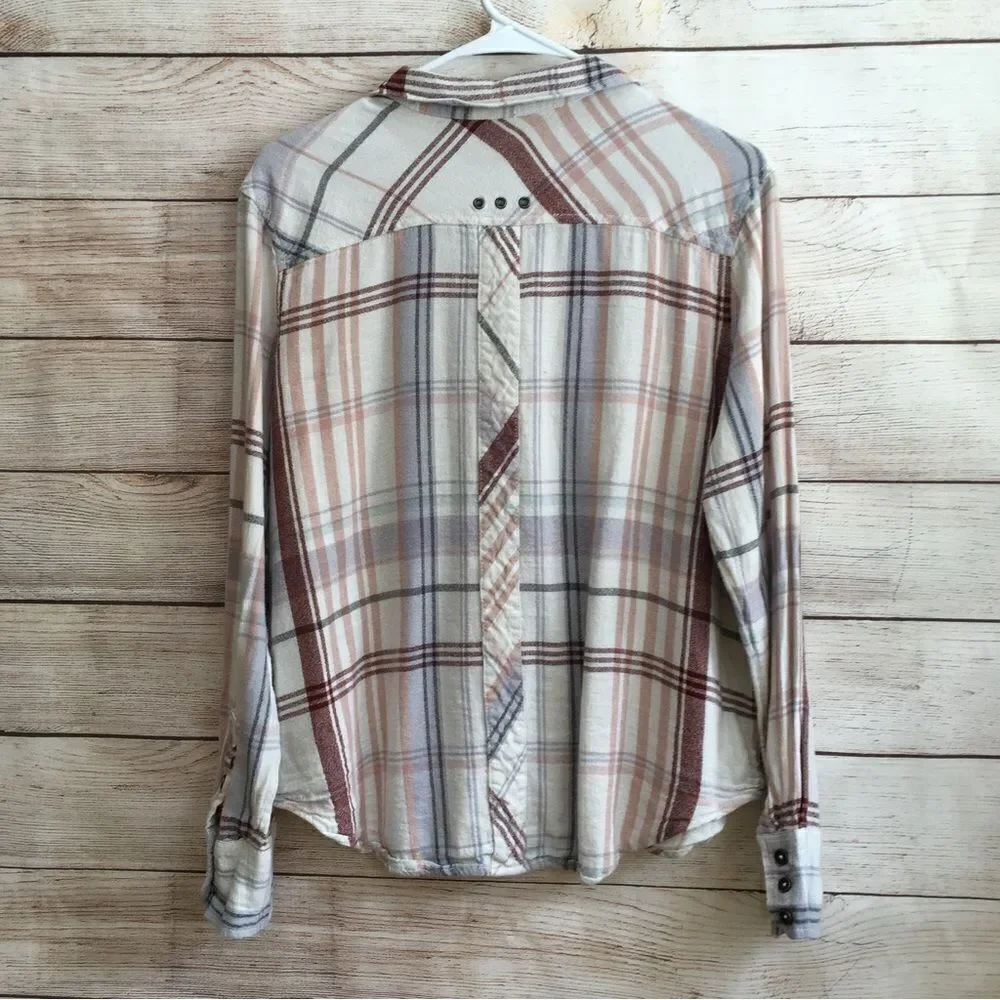‎FREE PEOPLE LINEN BLEND PLAID SHIRT